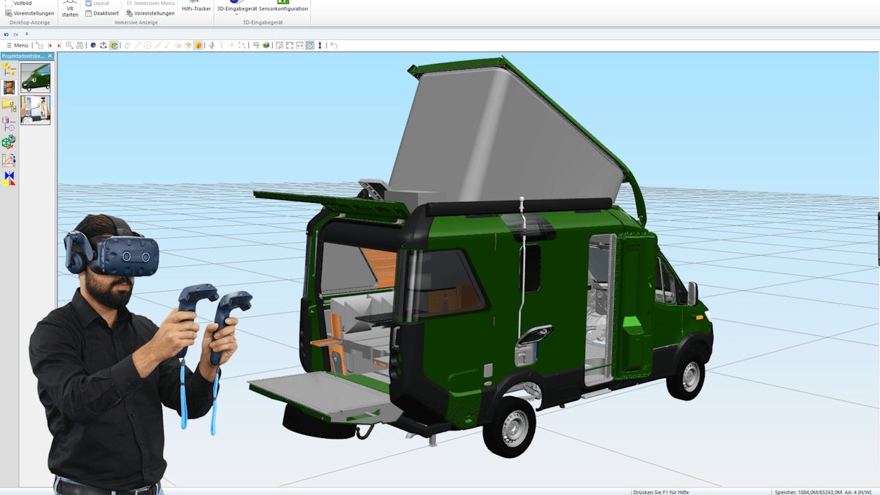 A man wears virtual reality headgear to design a van. Copyright: Hymer GmbH & Co. KG.