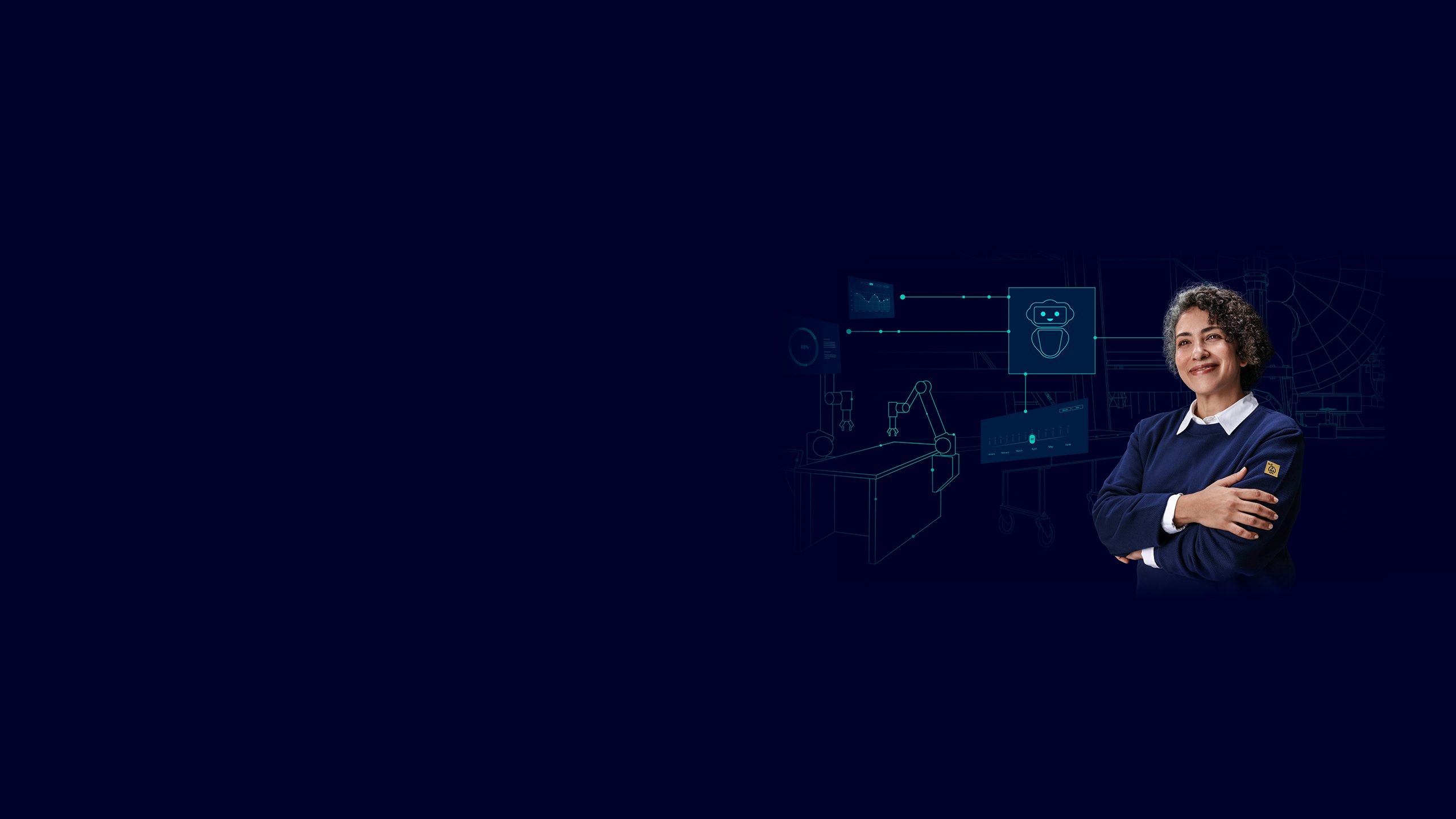 A person standing with folded arms in front of a dark blue background featuring digital illustrations of robotic arms, data dashboards, and an AI robot icon representing industrial automation.