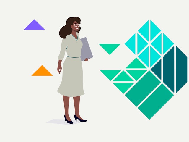 Icon of woman holding a file next to diamond graphic.