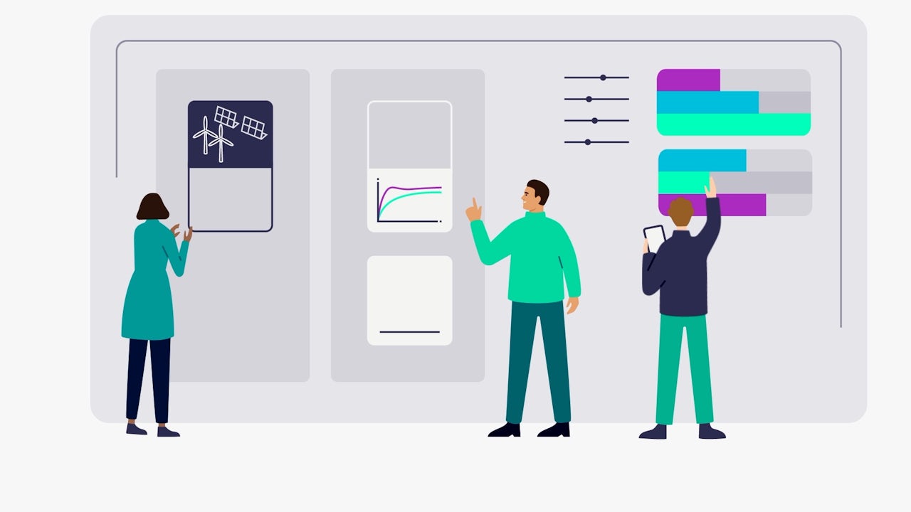Illustration of 3 employees drawing on whiteboards and highlighting information.