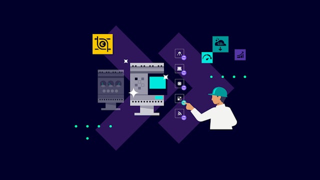 An illustration of a factory worker using a modern machine to select different features to improve efficiencies.