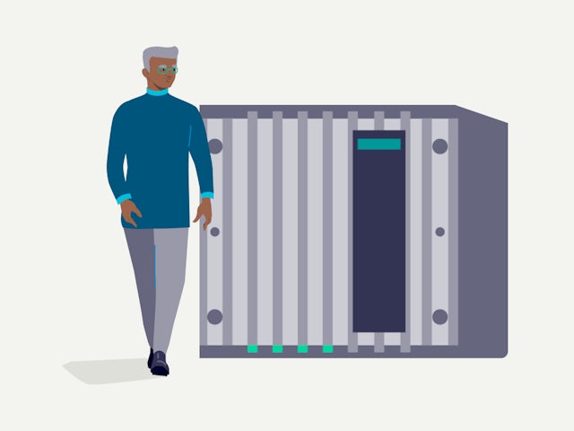 Icon of man walking away from industrial box.