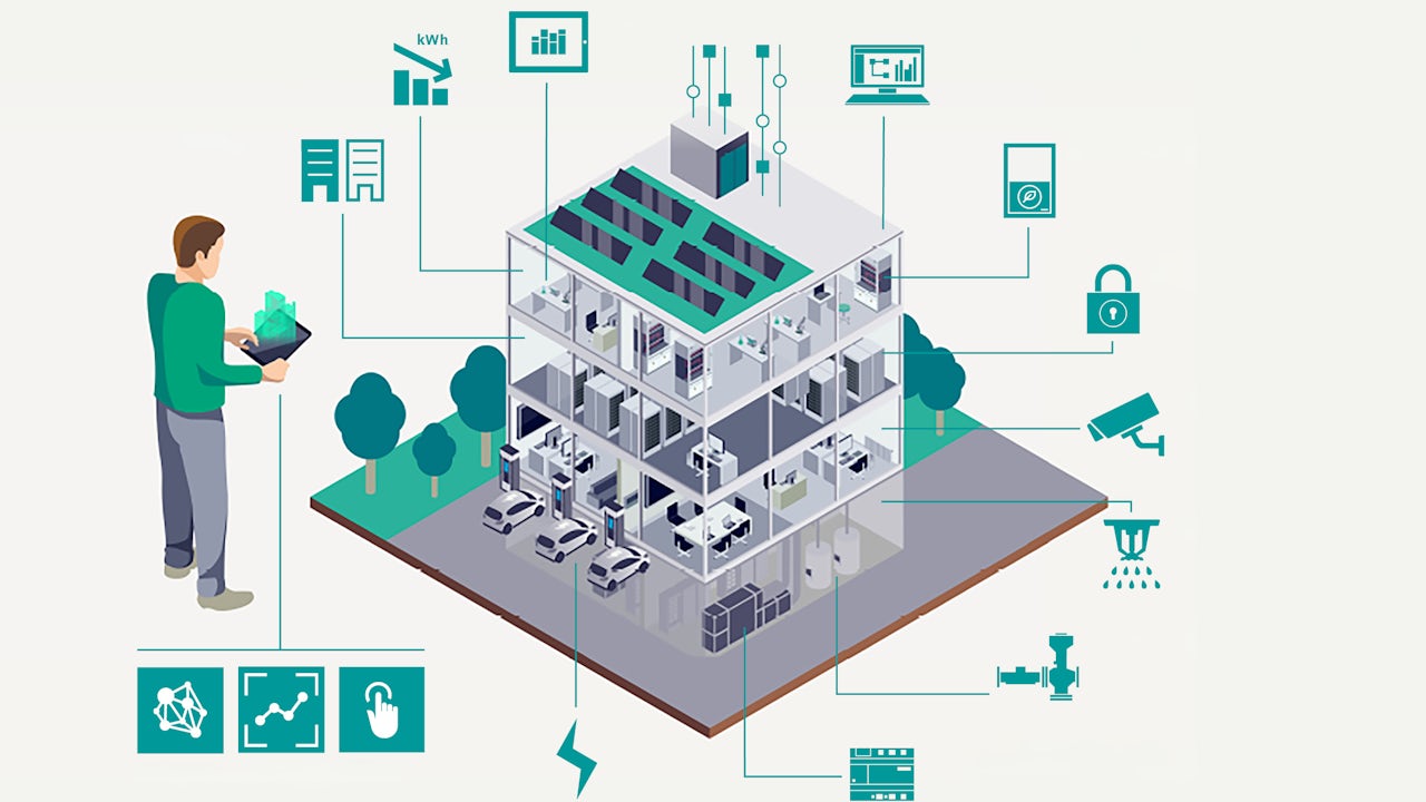 Smart building hotspot graphic with icons and no text.