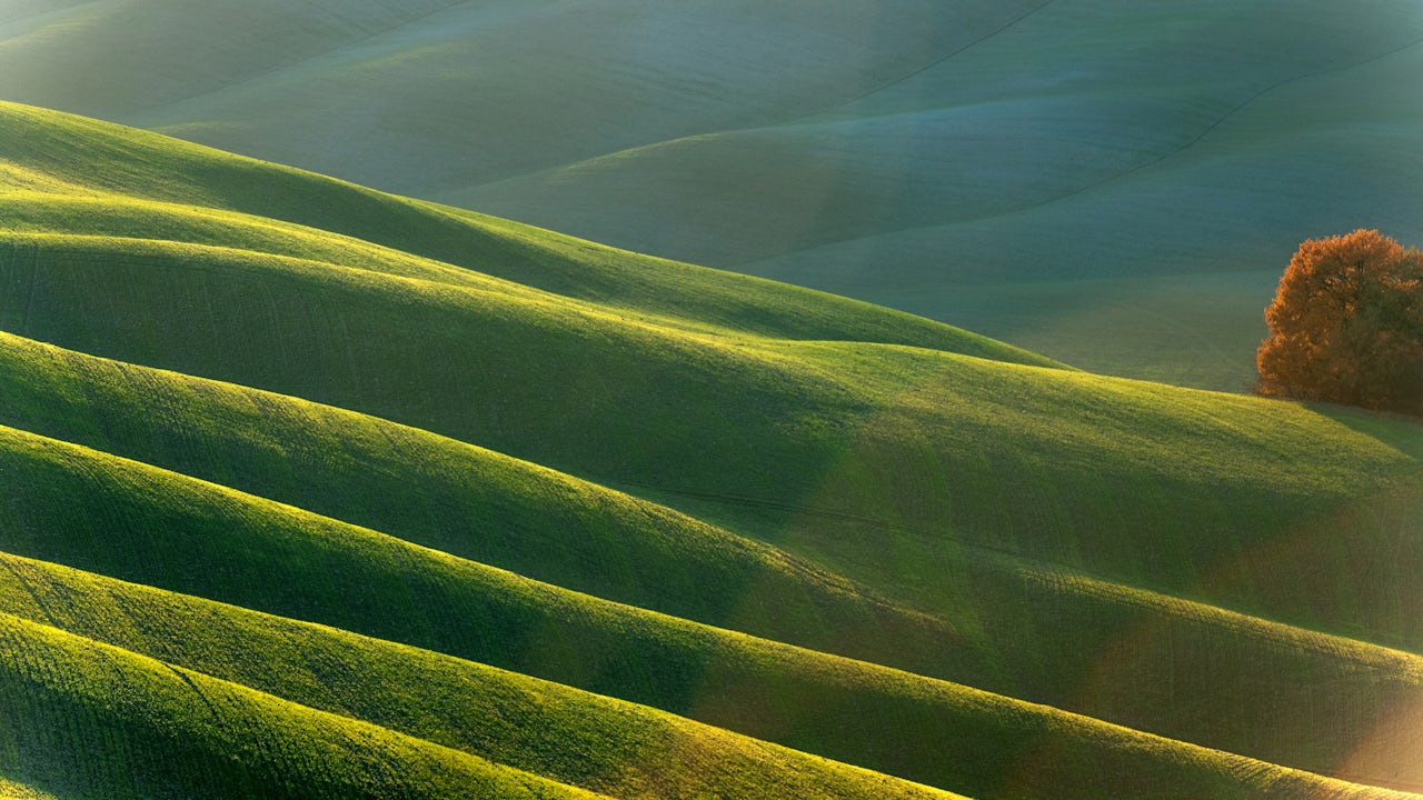 Rolling hills in the evening sunlight in Val d'Orcia, Tuscany, Italy.