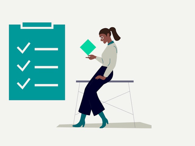 Icon of woman holding a diamond graphic next to a checklist.