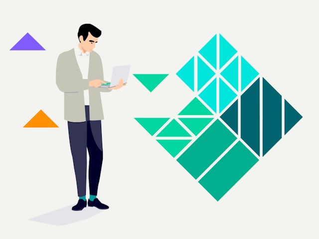 Icon of man holding laptop next to diamond graphic.