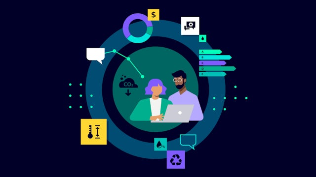 Illustration of a man and woman looking at a laptop screen with various manufacturing icons surrounding them.