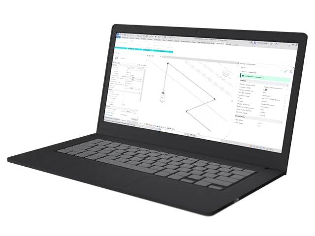 Laptop screen showing Building Information Modeling (BIM) software for construction projects.