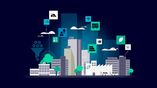 An illustration showing different technology features of a smart building.