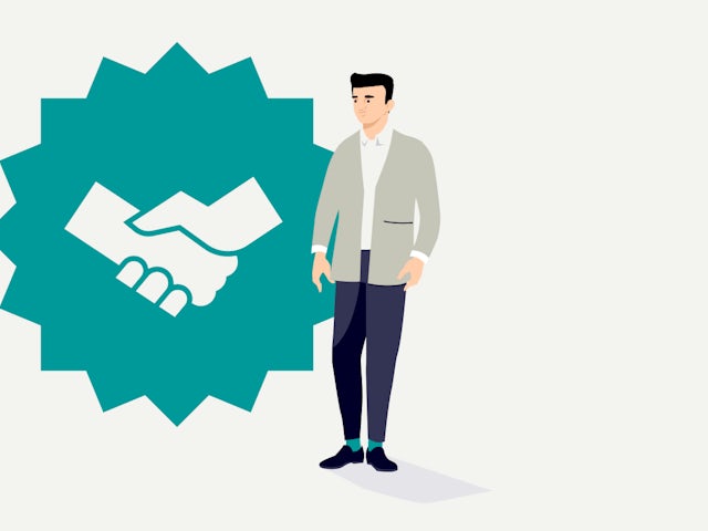 Icon of man next to graphic of handshake.