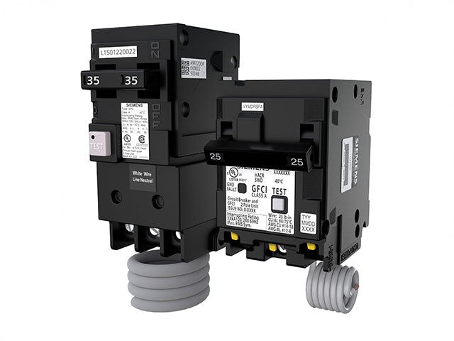 Siemens 2-pole GFCI breaker with X2-R01-C01 model number.