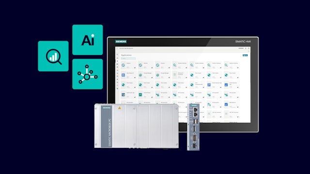 Graphic of a computer screen with logos to the right representing AI and data.