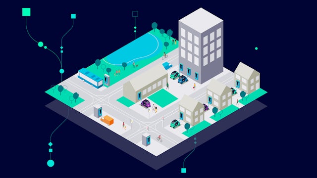 An illustration showing a city block filled with buildings, houses, parks, and electric vehicle charging stations.