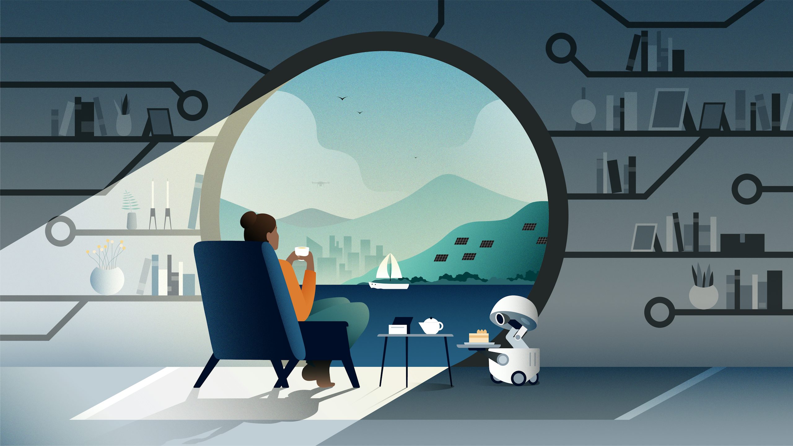 Colorful abstract geometric shapes forming a stylized mountain landscape with a sun or moon