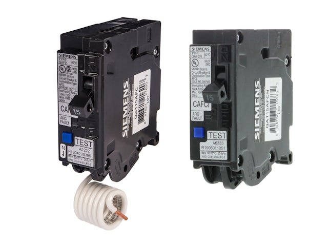 A Siemens product image featuring a circuit breaker with a label "AFCI" and a Siemens logo. 