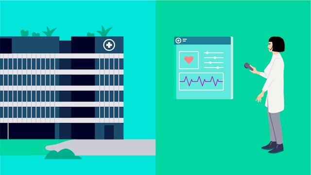 Cartoon doctor with stethoscope standing next to a large medical cross symbol against a blue background.