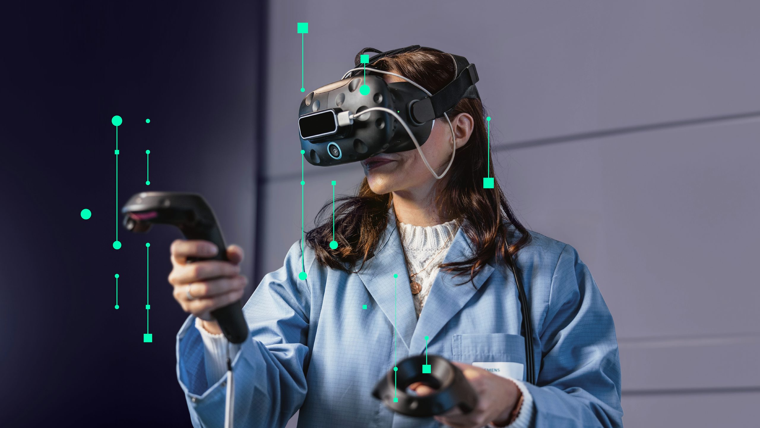 A woman in a lab coat wears a VR headset and holds controllers, with green data visualization overlays, indicating virtual reality interaction.