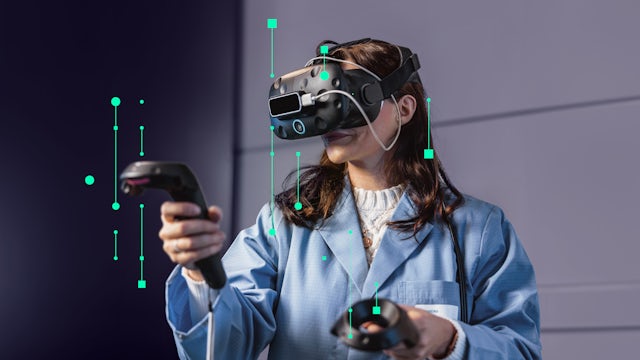 A woman in a lab coat wears a VR headset and holds controllers, with green data visualization overlays, indicating virtual reality interaction.