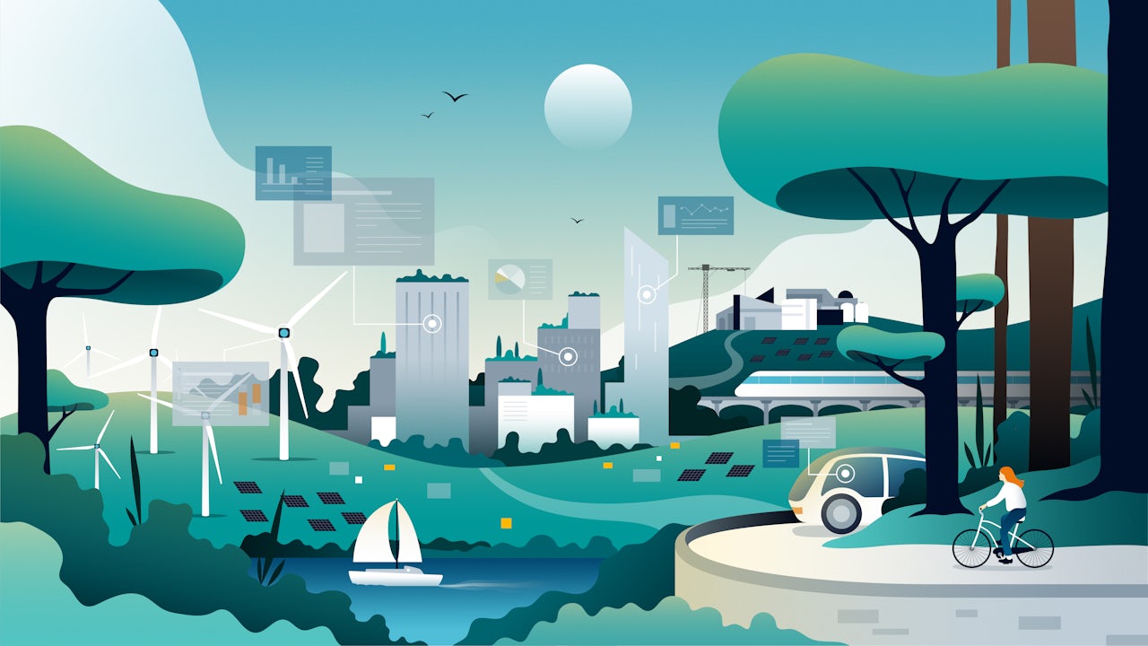 A person standing in front of a large screen displaying a sustainability message.