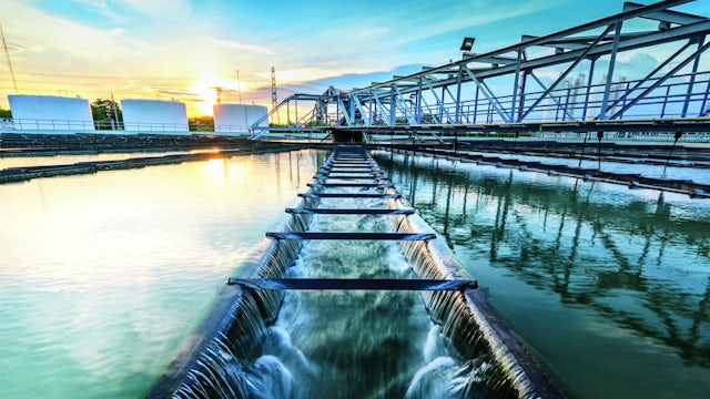 A reservoir of water at a water filtration plant.