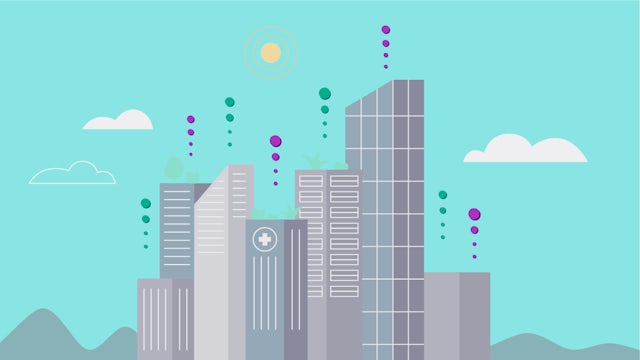Animated cityscape with colorful geometric shapes representing smart infrastructure and connectivity.