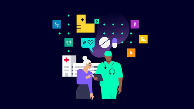 Illustration about sustainable hospitals showing healthcare professionals reviewing digital information, surrounded by icons representing energy, medical care, and sustainability.