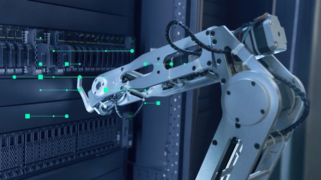 A robotic arm interacts with a server rack, with green digital lines and dots flowing between them, symbolizing data transfer.