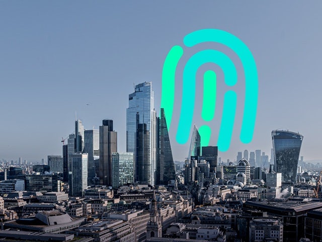 Cityscape with a digital overlay of a thumbprint icon