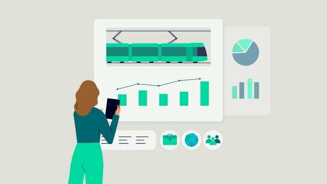 An illustration of a woman holding a tablet device while standing in front of a visual of charts and graphs.