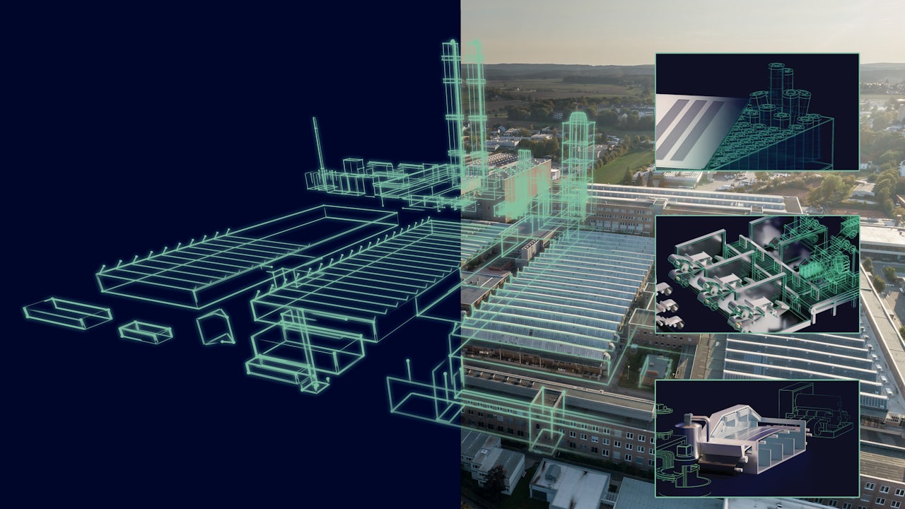 A digital twin factory cover image with a factory layout and digital twin technology concept.