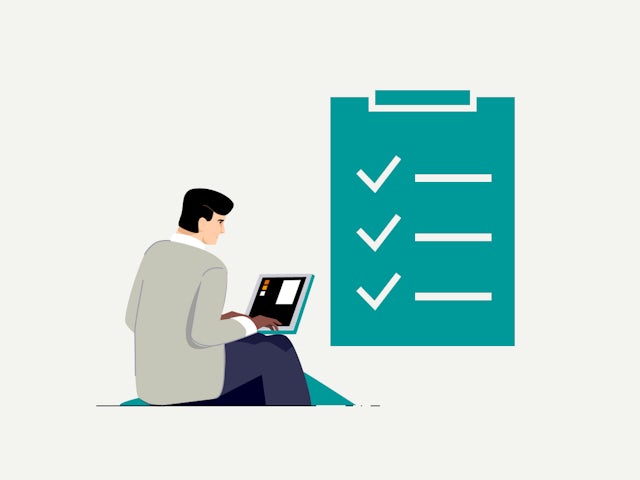 Icon of man typing on a laptop next to checkmark graphic.