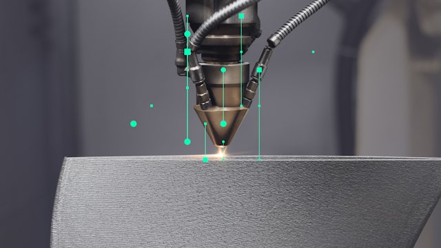 A close-up shot of an industrial 3D printing nozzle creating a metallic object, with digital green lines and dots radiating from the nozzle, symbolizing data flow.