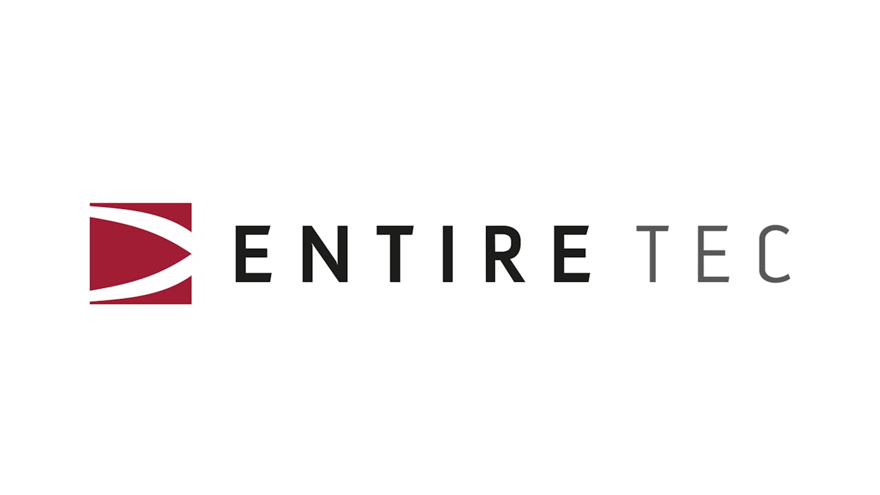 A logo for Entiretec, featuring a stylized letter 'E' with a blue and white color scheme.