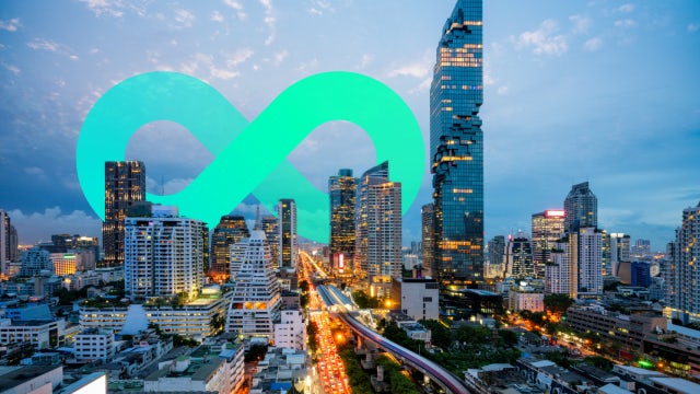 City with a large infinity sign superimposed