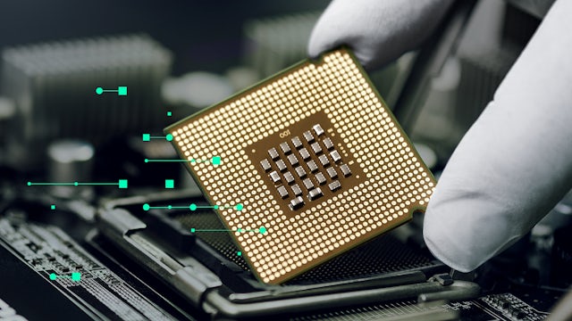 A gloved hand places a CPU onto a motherboard, with green digital lines and squares overlaid, suggesting data flow or connection.