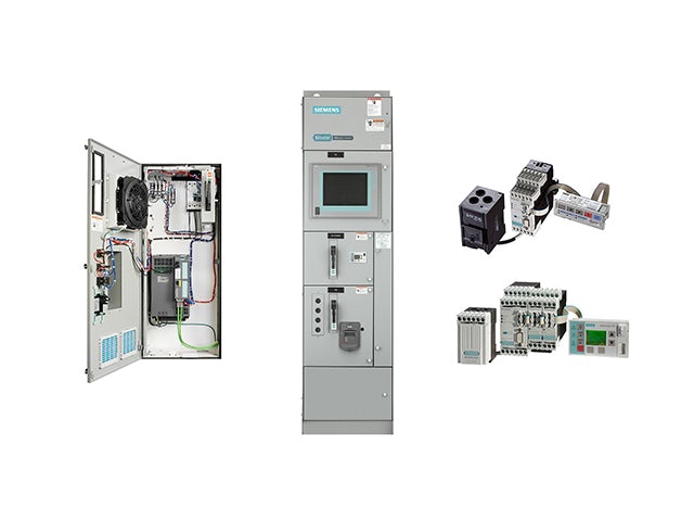 A collage featuring a Siemens electrical cabinet with its door open, revealing internal components, a tall gray control panel with a screen, and various smaller electrical components.