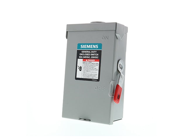 A Siemens general duty switch with a 60A rating is shown in the image.