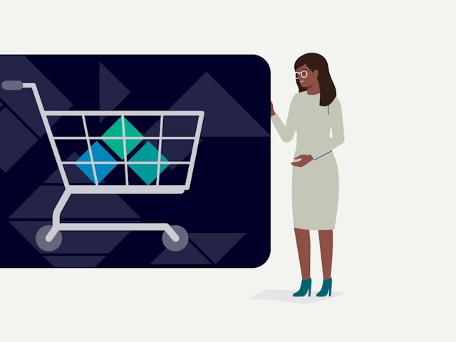 Icon of woman next to shopping card filled with diamond graphics.