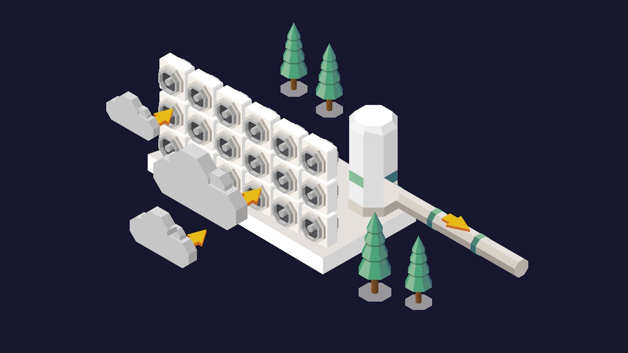 Illustration of carbon emissions with trees and a machine that reduces greenhouse gases.