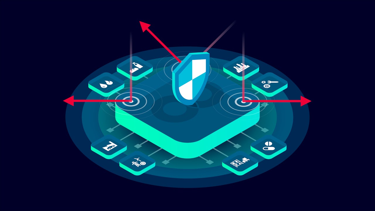 Illustration of a shield protecting connected industrial systems.