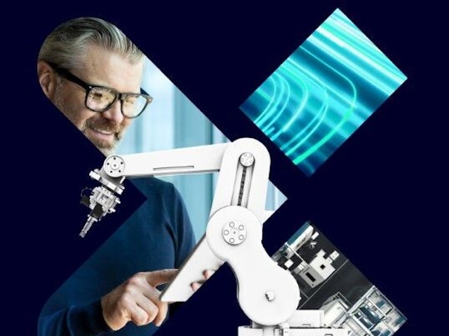 A Siemens advertisement for adaptive manufacturing featuring a factory with a modern design and a digital interface. 