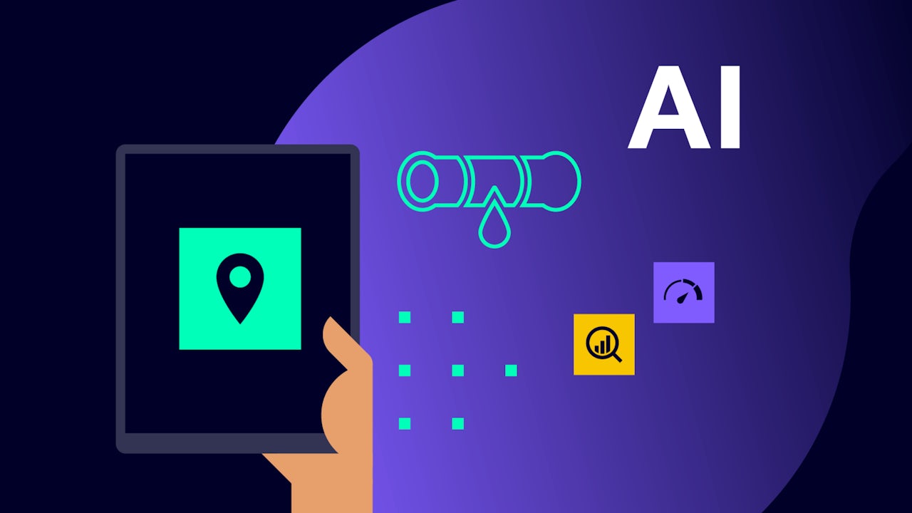 Cartoon robot holding magnifying glass, examining water pipes with leaks. Text: 