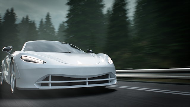 Rendering of white luxury vehicle speeding on a highway with a blurred background.