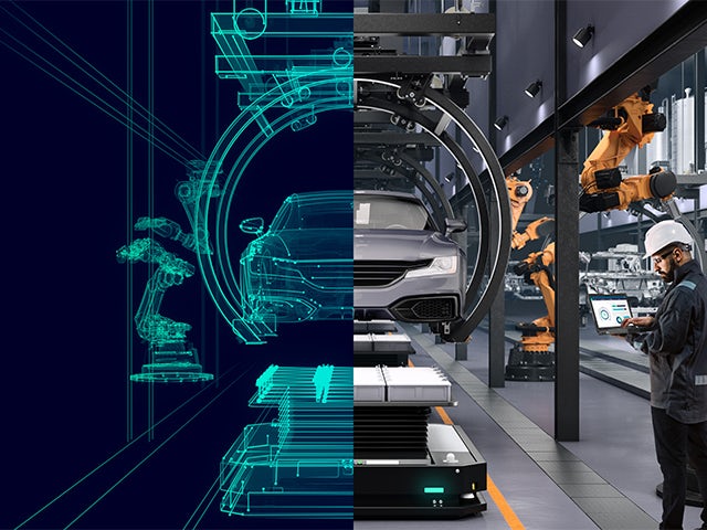 A digital twin of an automotive vehicle is displayed on a screen with a blue background.