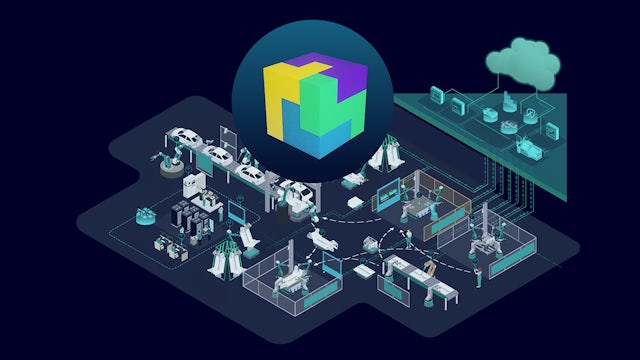 An image of an automotive industry automation workstation with a robotic arm and a conveyor belt.
