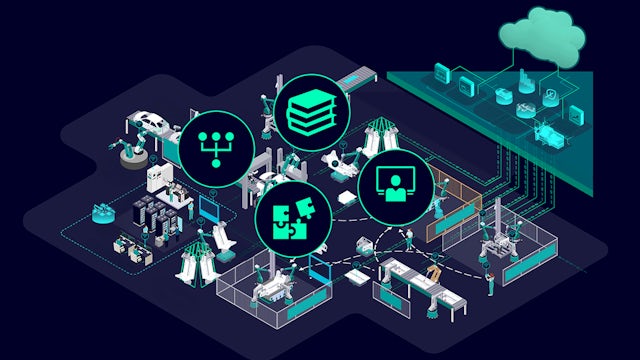 Car assembly line with robotic arms working on vehicle frames