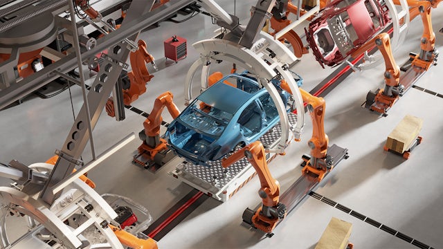 Rendering of cars on an assembly line manned by industrial robots.