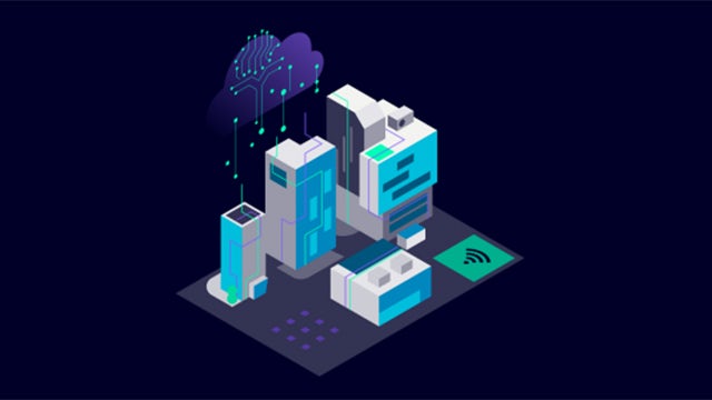 An illustration of several buildings digitally connected via cloud.