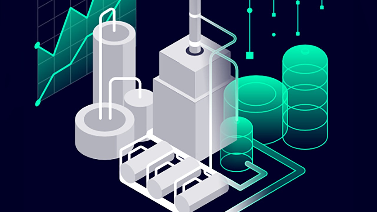 The image shows a digital twin concept with a person in a virtual environment interacting with digital objects.