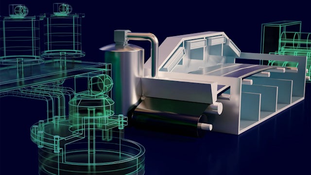 Industrial machinery with robotic arms assembling batteries on a production line